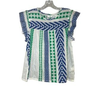THML Just Imagine Flutter Sleeve Top White Blue Green Geometric Print Size Small
